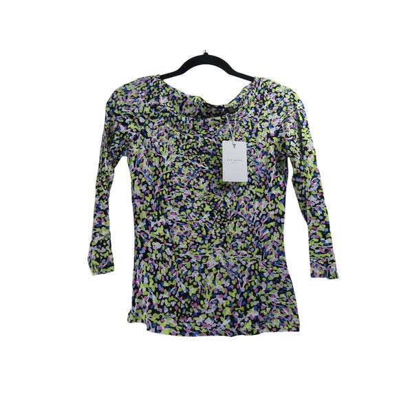TED BAKER Normma Top Womens Sz 4 Black Boho Stretch Polka Dot Half Sleeve Blouse - Picture 1 of 8